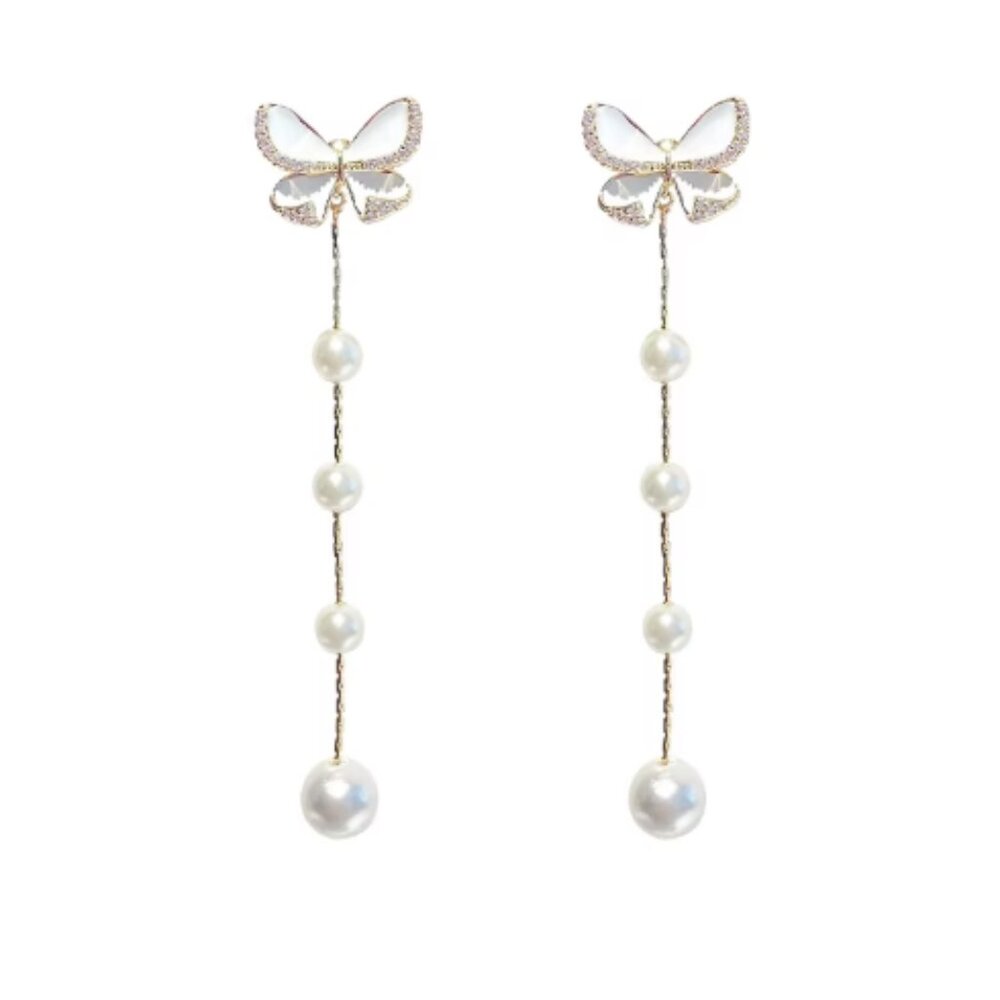 “Flutter On” Pearl Hanging 925 Sterling Silver Gold Butterfly Stud Cute Earrings - Picture 4 of 5